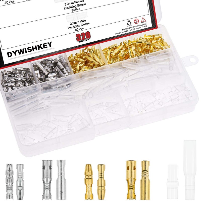 DYWISHKEY 320Pieces 3.9mm Brass Male and Female Bullet Terminals Wire Connector Block with Insulating Sleeves for Car Truck Motorcycle Bike - Image 1
